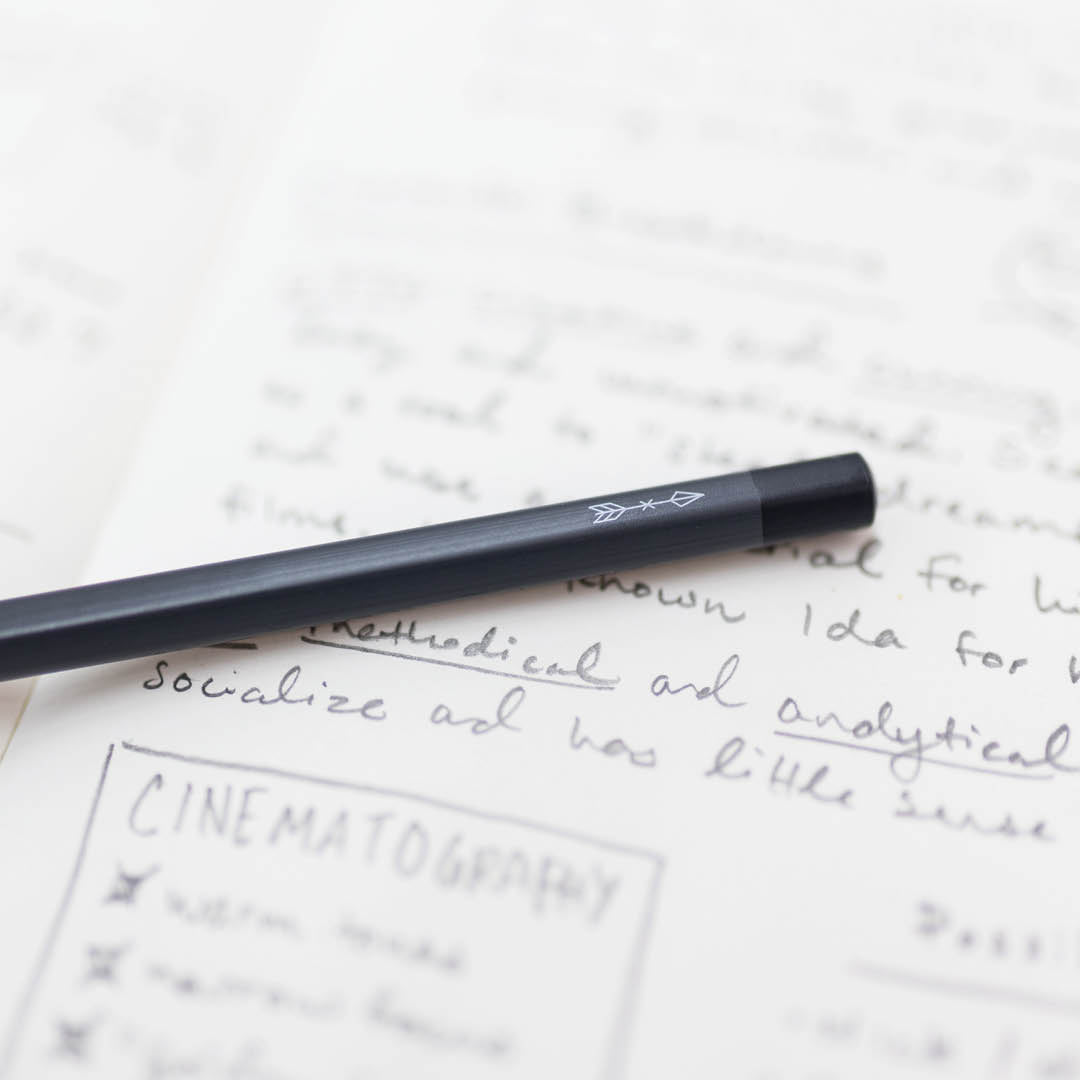 Pencil on top of open notebook.